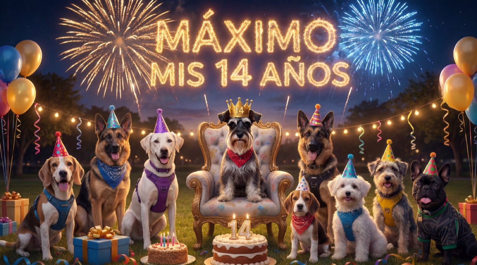 Portada IA: Máximo en trono con perros invitados y fuegos artificiales