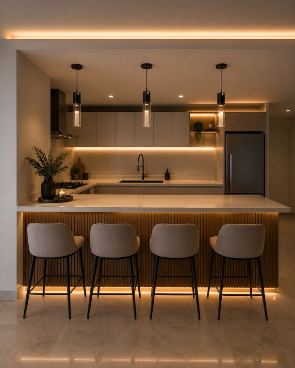 Cocina con isla y barra