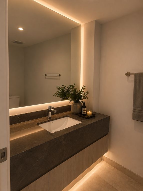 Baño con cubierta de piedra y espejo iluminado