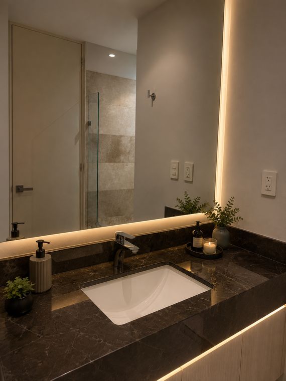 Baño con ducha y cubierta de mármol