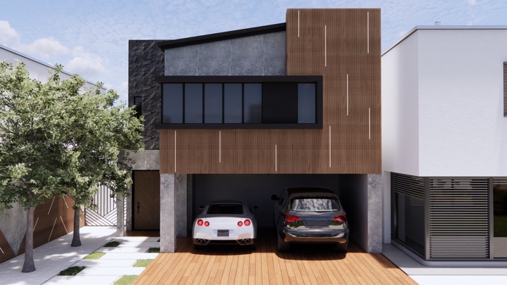 Fachada residencial con lambrín WPC · Villahermosa