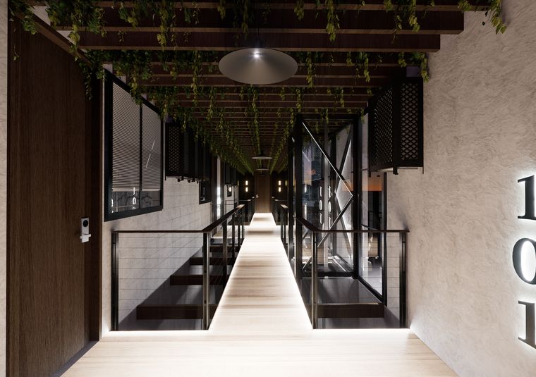 Sala compacta con celosía decorativa y ventanal