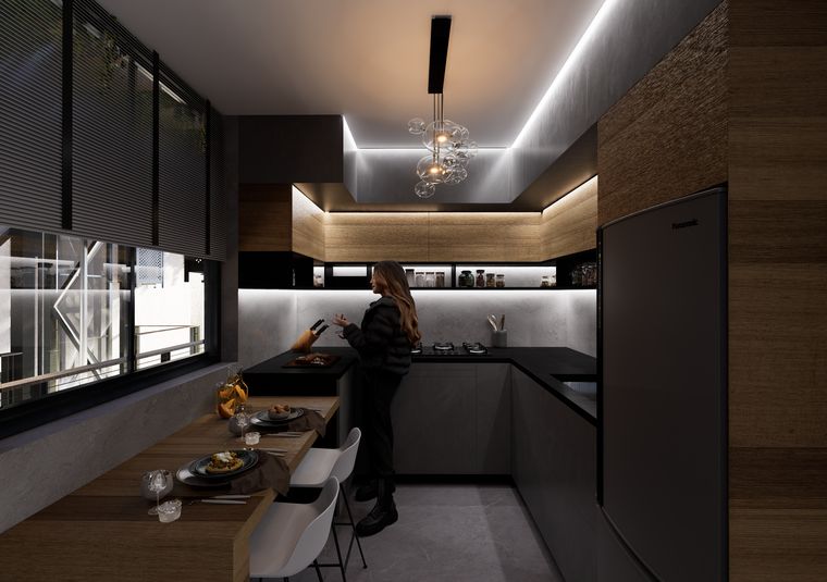 Sala-cocina integrada con plafón de concreto