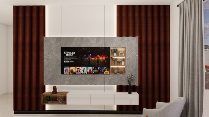 Mueble de TV con lambrín WPC · Sala · Villahermosa