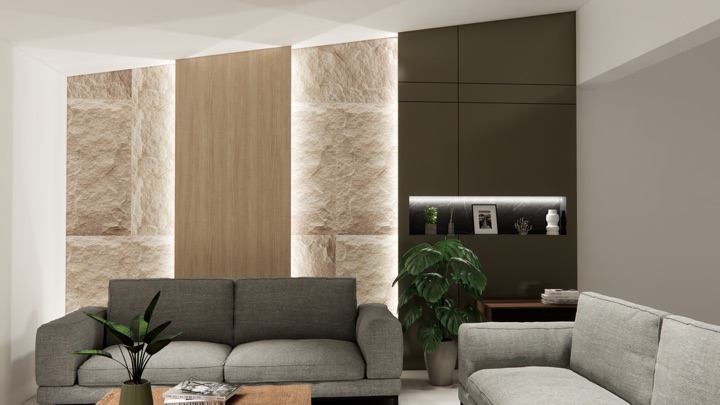Sala habitación · Muro de acento en piedra y madera
